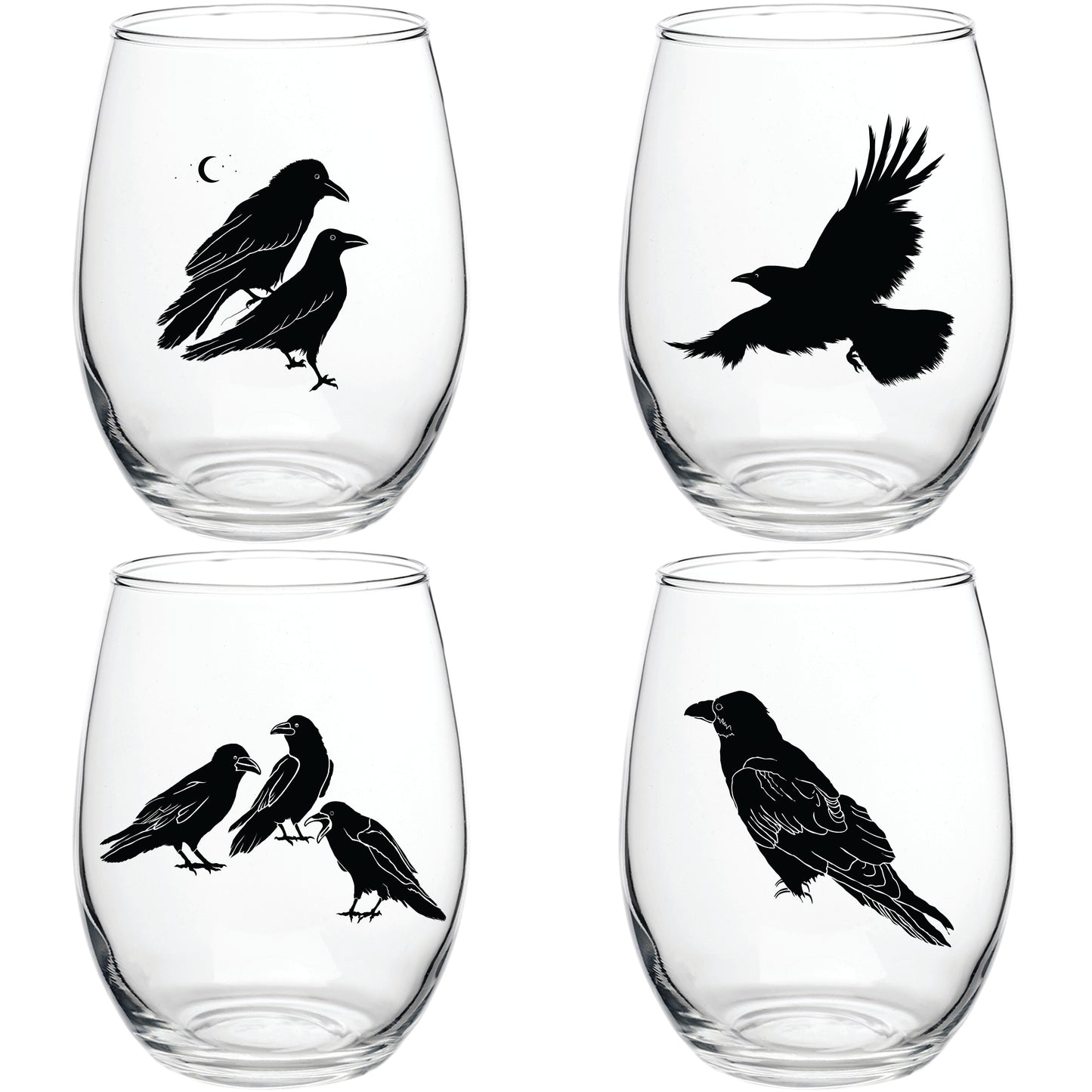"All the Ravens" 15oz Stemless Wine Glassware Boxed 4 Pack Set