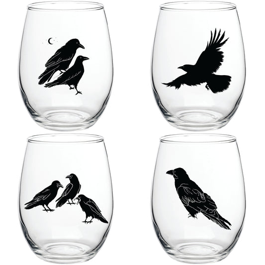 "All the Ravens" 15oz Stemless Wine Glassware Boxed 4 Pack Set