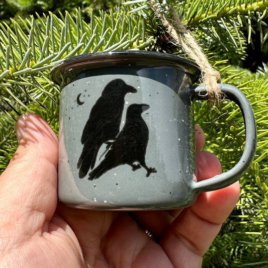 Celestial Raven 3oz Mini Enamel Campfire Espresso Mugs “Ornaments”
