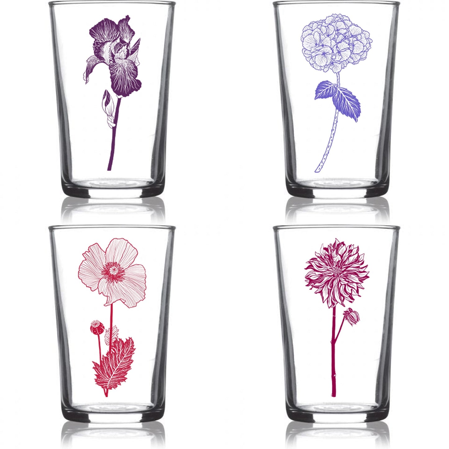 6.75oz Euro Wine Juice Glass Flower Series Color 4 Pack Boxed Set