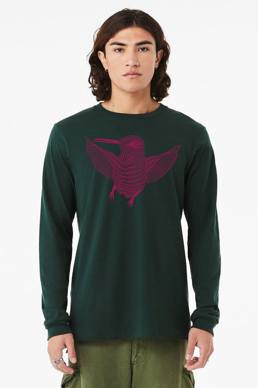 Hummingbird Hello T-Shirt - Long Sleeve Unisex Forest