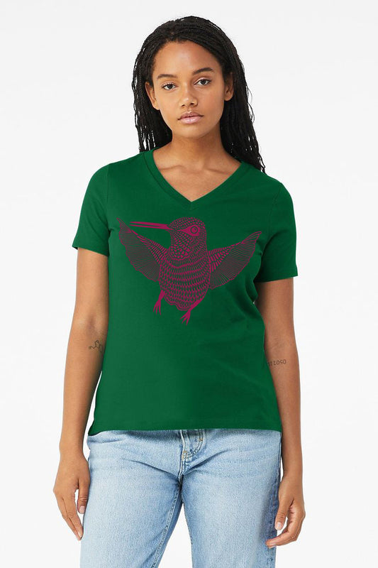 Hummingbird Hello -  Ladies V-Neck T-Shirt Kelly Green