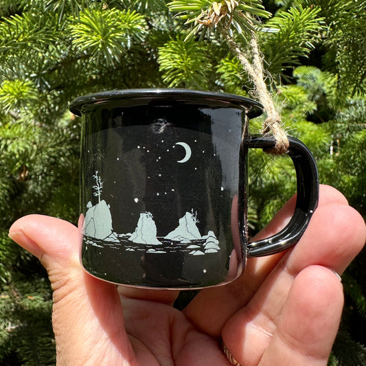Moon Over Three Graces 3oz Mini Enamel Campfire Espresso Mugs “Ornaments”