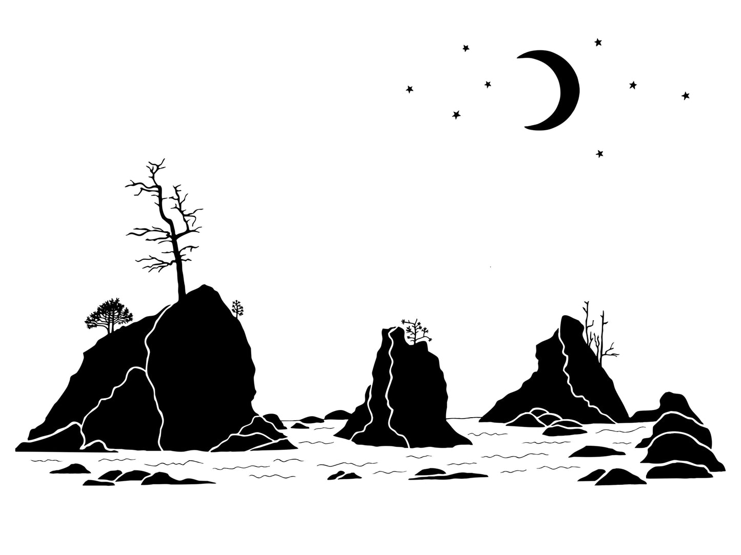 4x6 Moon Over Three Graces Letterpress Art Print Postcard on cotton paper