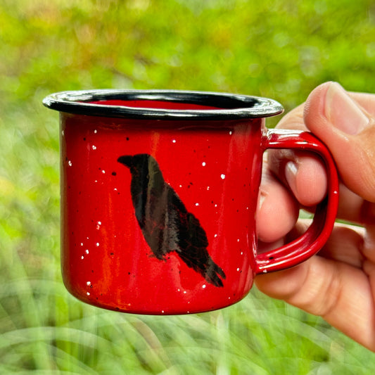 Perched Raven 3oz Mini Enamel Campfire Espresso Mugs or Ornaments
